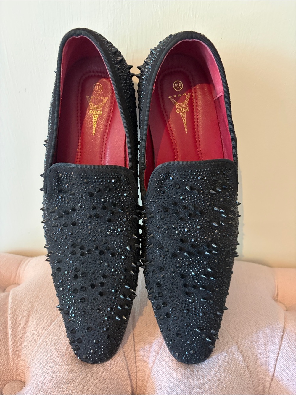 Enzo Romeo Men's Black Crystal-and Spike Embellished Slip-On Loafers -Sz 10.5